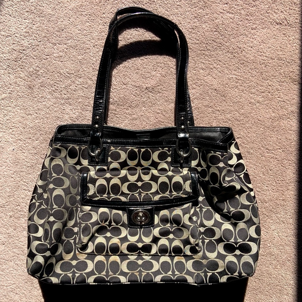 Vintage Coach Black and Gray Monogram Canvas Tote